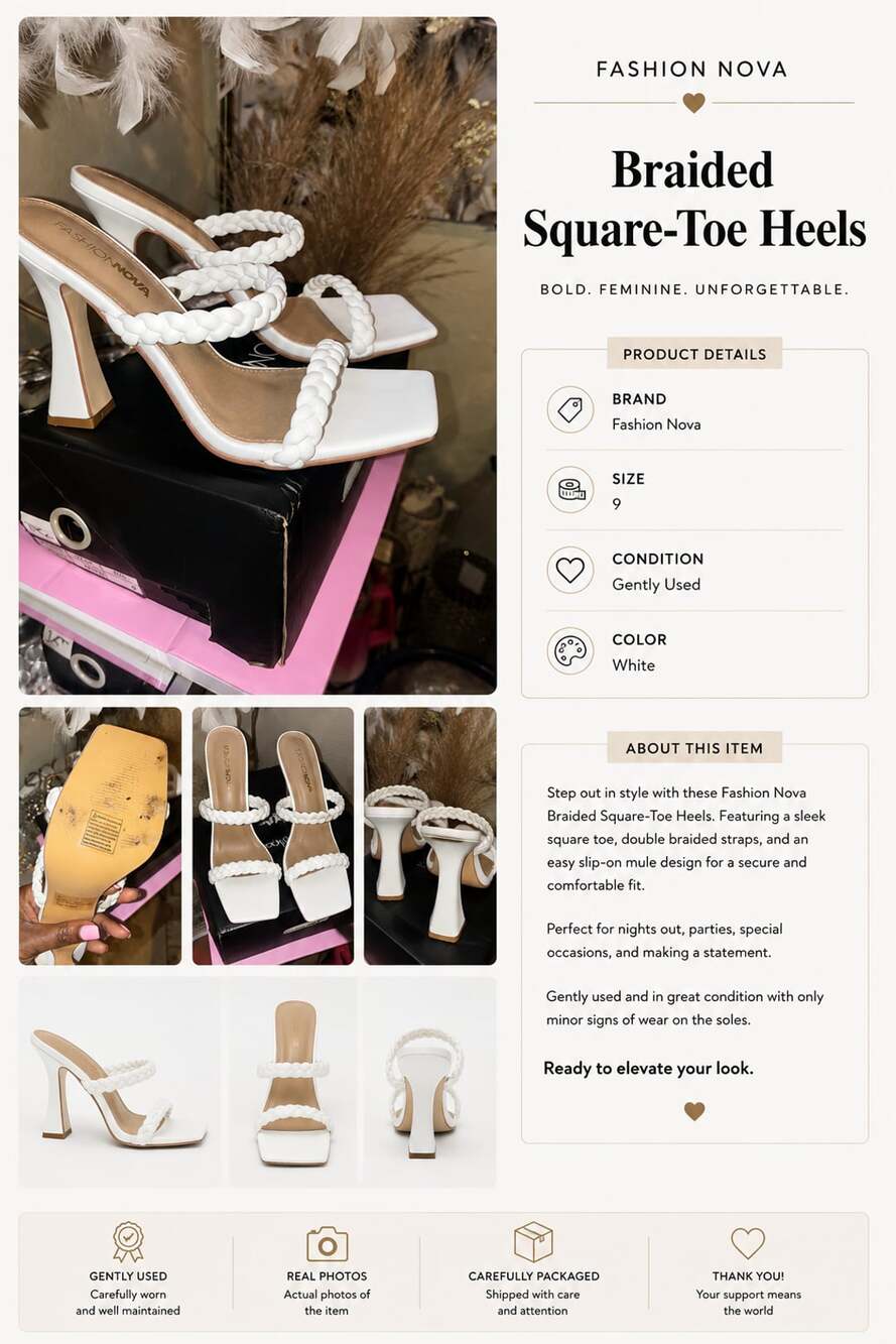 Fashion Nova Braided Square-Toe Heels White Size 9